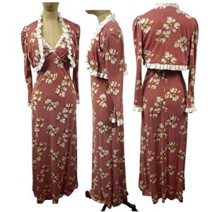 VTG Arjon Maxi Dress 9 Rust Cottagecore Long Chic Floral Set Prairie Boho Polka